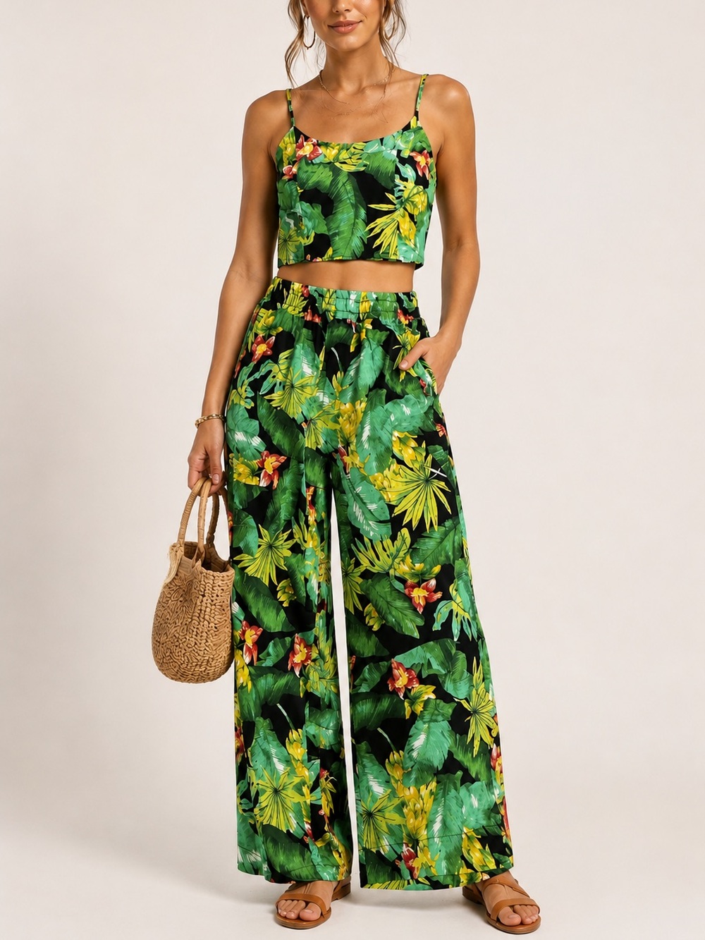 Nicole Miller Tropical Beach Linen Blend Crop Top Wide Leg Pants Set XS